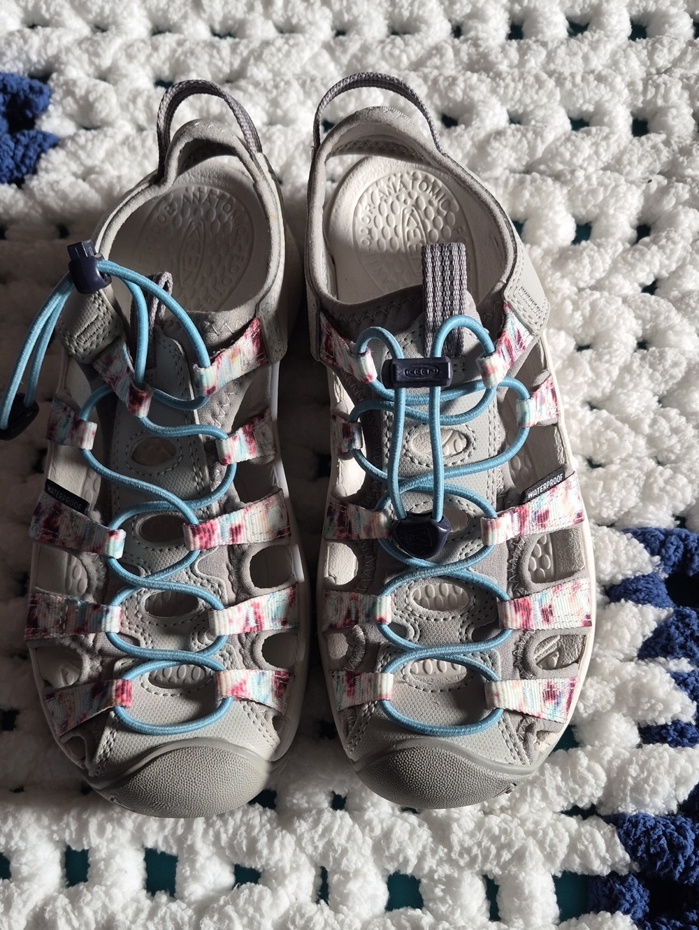 KEEN Women's Light Gray Sandals with Blue and Pink Accents